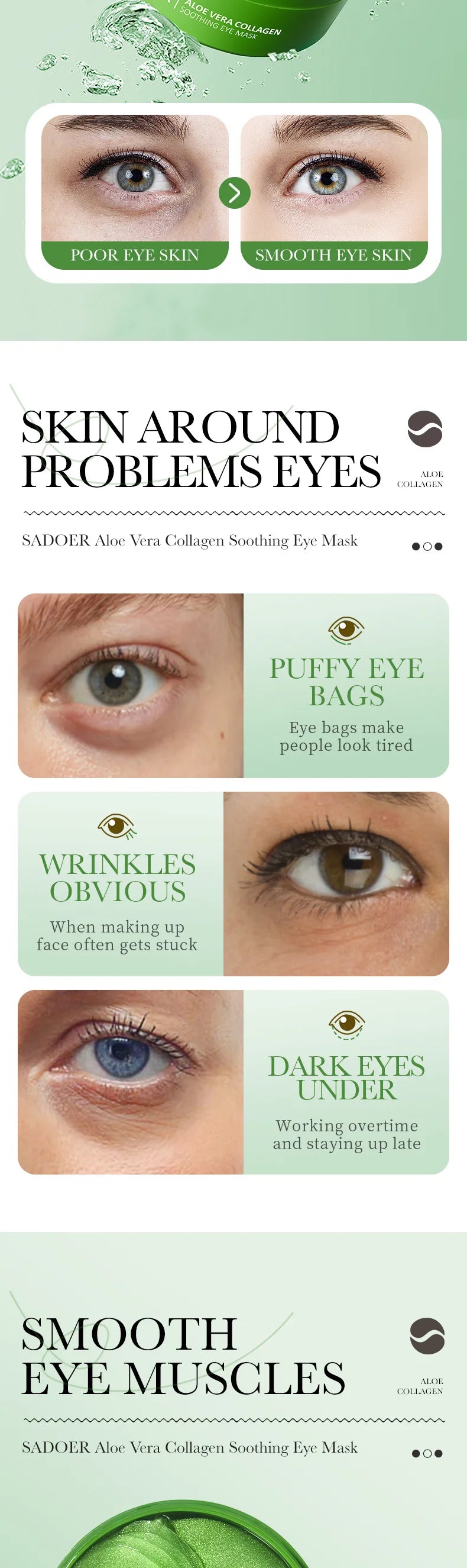 SADOER Collagen & Aloe Vera Eye Mask – 60 Pcs for Dark Circles, Puffy Eyes & Skin Firming