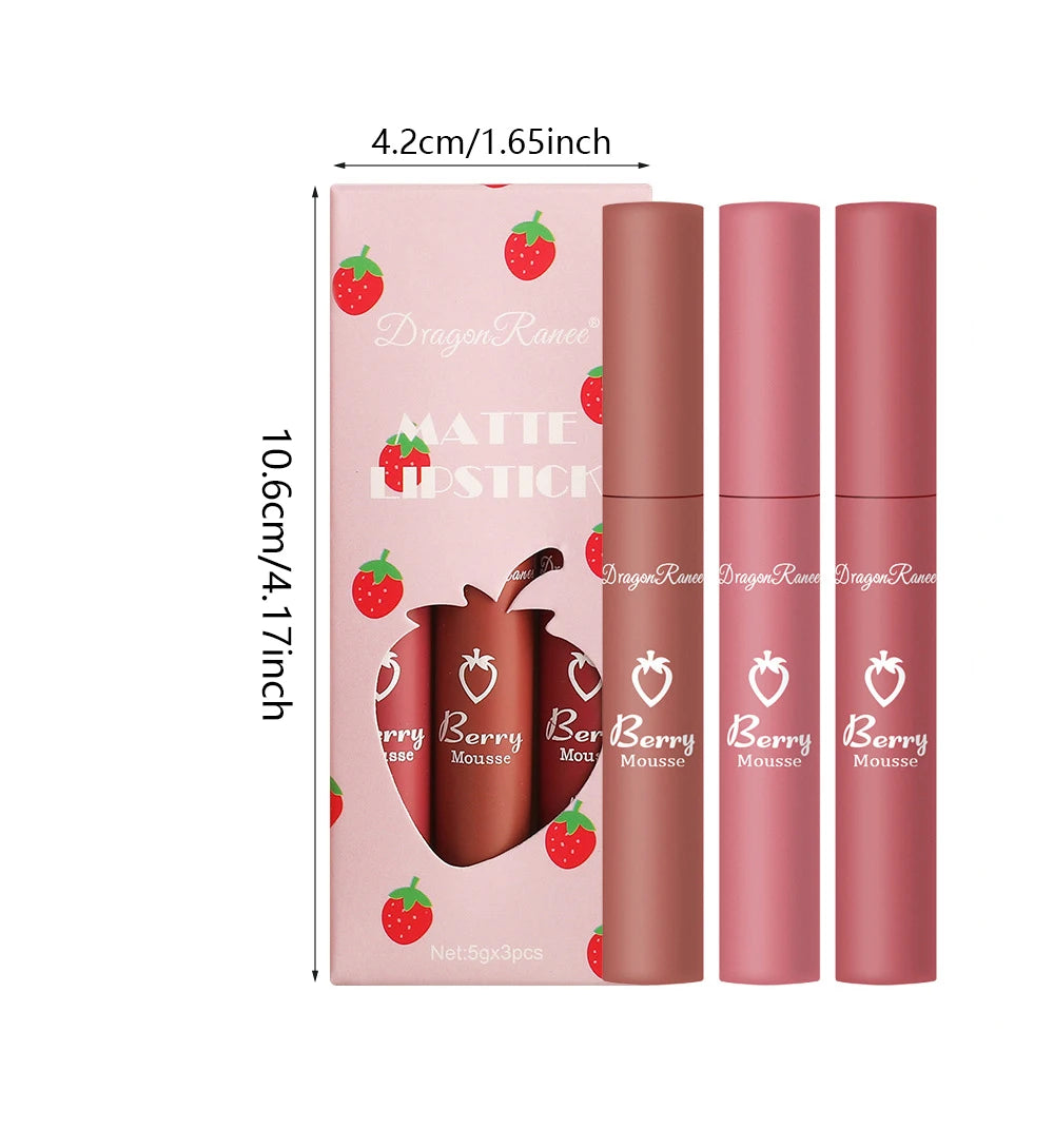 Dragon Ranee - Set de 3 brillos labiales mate de fresa aterciopelados: resistentes al agua y de larga duración