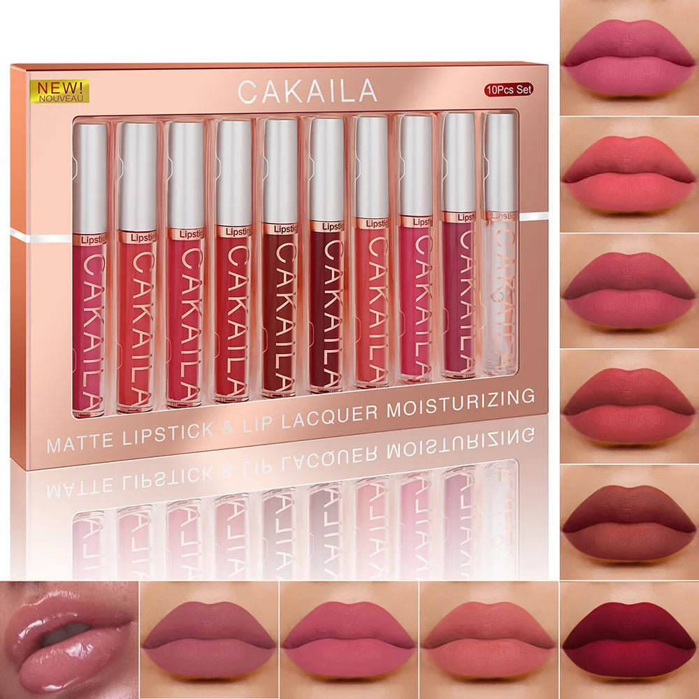 CAKAILA 10pcs Matte Nude Lip Gloss Set – Waterproof, Long-Lasting Lipsticks