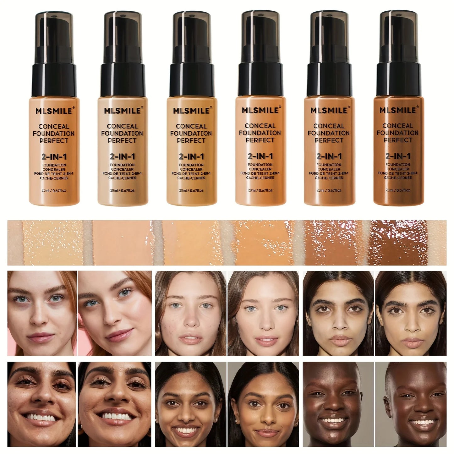 Base de maquillaje líquida y corrector 2 en 1 MLSMILE: cobertura total, resistente al agua, hidratante