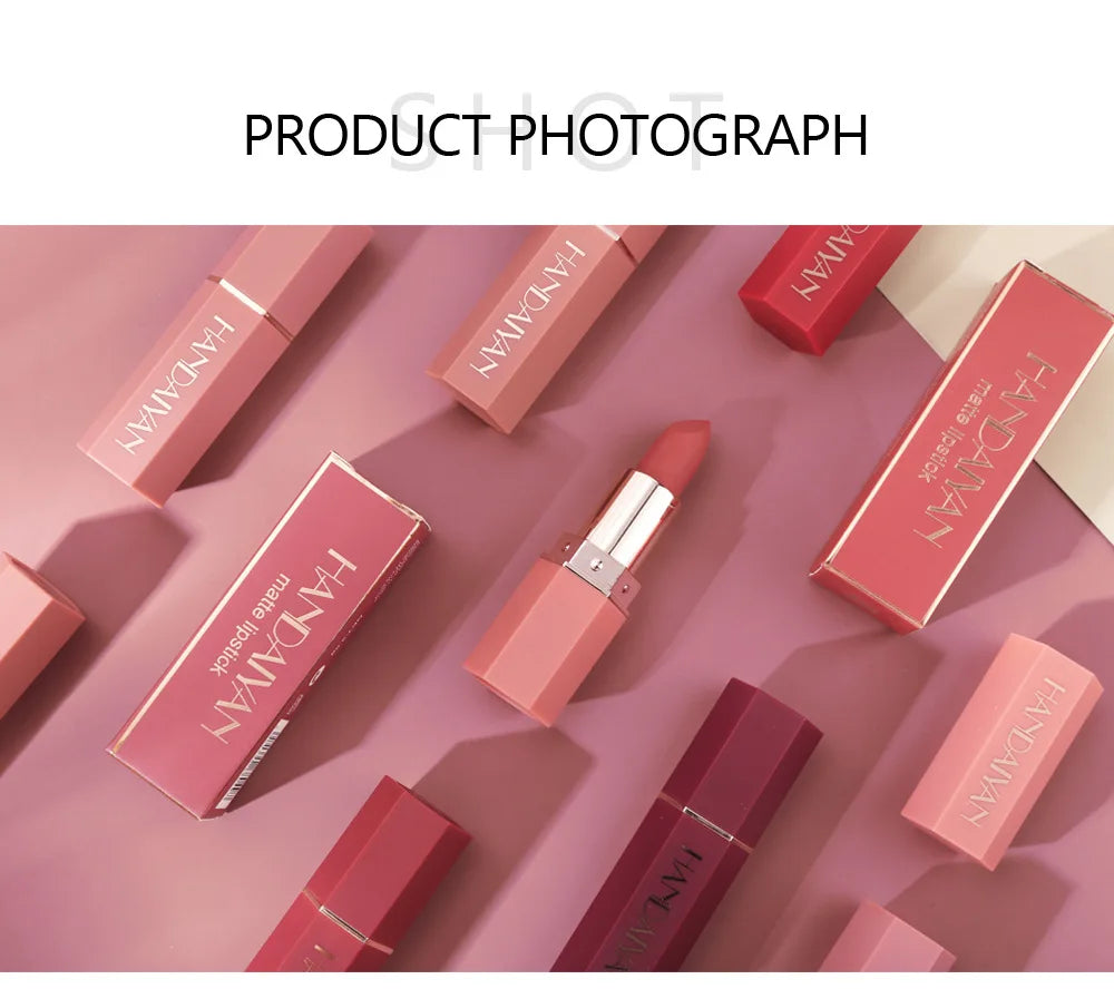 Handaiyan 6-Color Matte Velvet Lipstick Set – Waterproof, Long-Lasting Nude & Red Shades