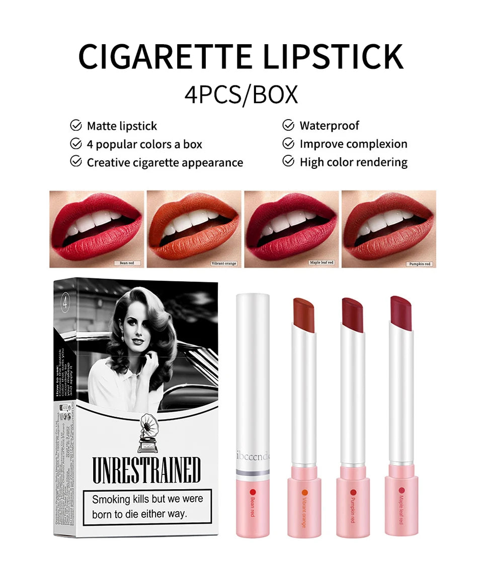 ibcccndc Cigarette Lip Gloss Set – 4 Colors Matte, Waterproof, Long-Lasting Lipstick for Women