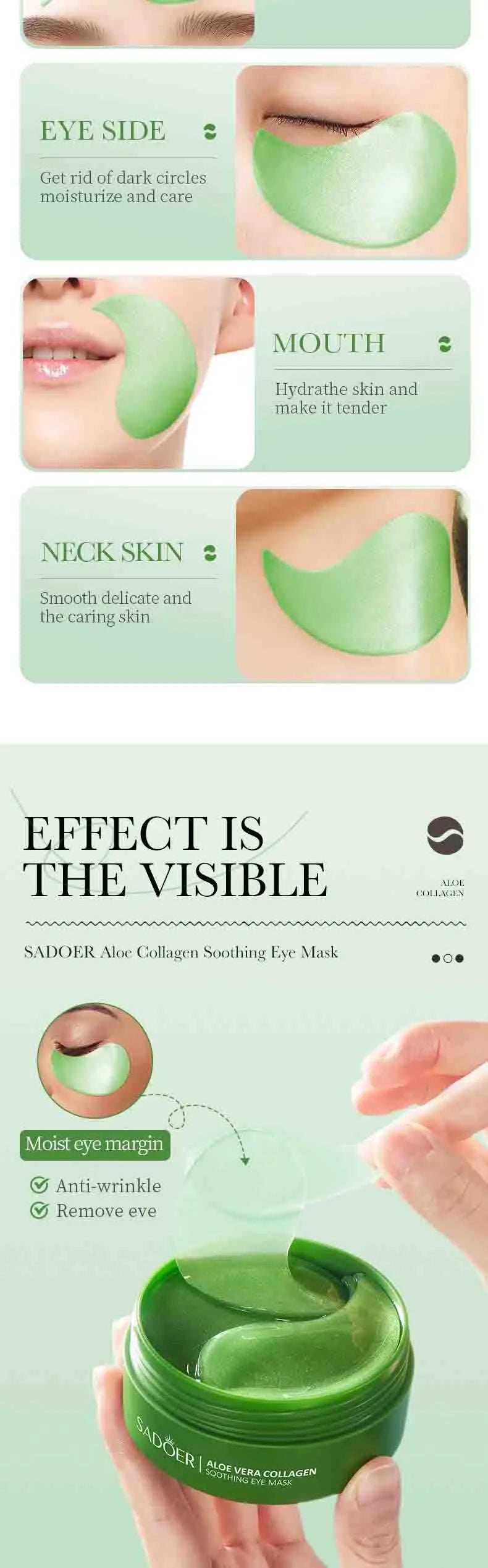 SADOER Aloe Vera Collagen Eye Masks | 60pcs Anti-Dark Circle & Puffiness Patches