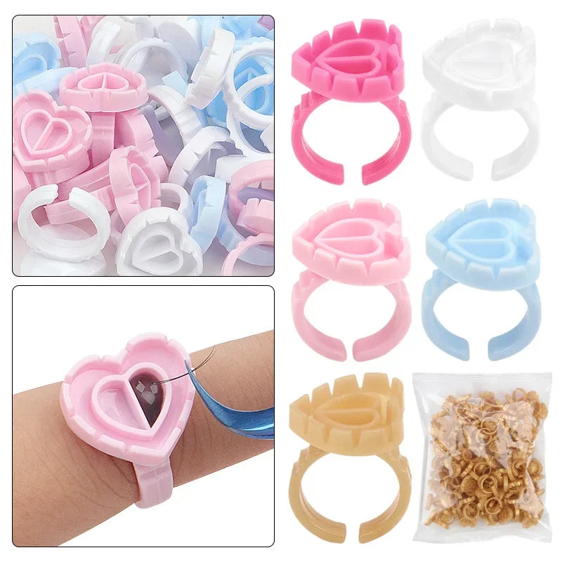 EOEKKY 100 PCS Disposable Heart-Shaped Glue Rings – Lash Extension & Tattoo Ink Cups