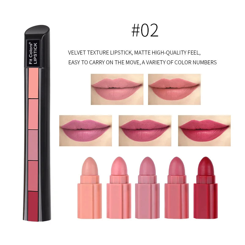 LuxuryGlow Fit Colors 5-in-1 Matte Lipstick Set – Velvet Finish, Non-Stick, Long-Lasting
