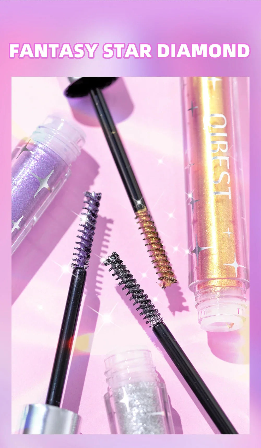 LuxuryGlow Diamond Purple Glitter Mascara – Curling, Volumizing & Sweatproof Shine