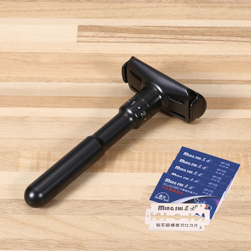 LuxuryGlow Mingshi Adjustable Metal Safety Razor – Classic Double Edge Shaver with 5 Blades (Black)