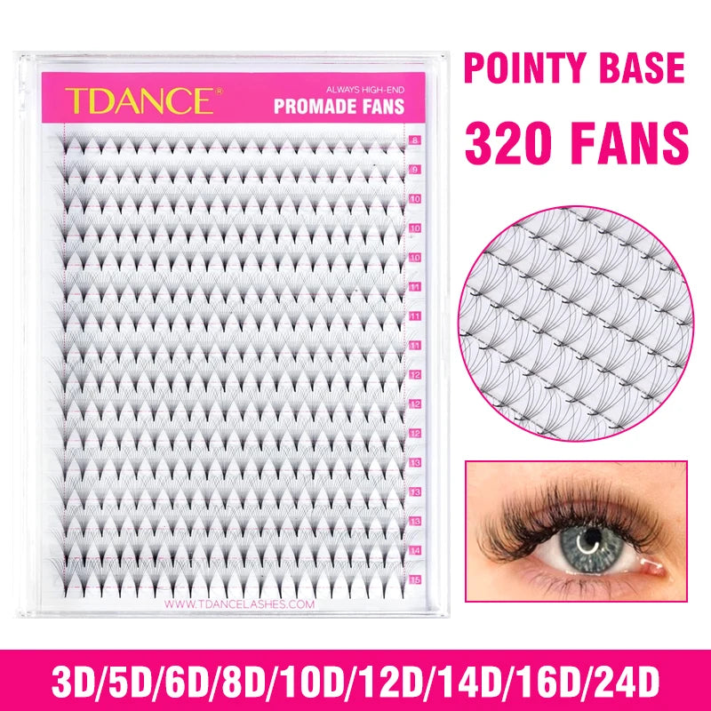 TDANCE 320 Premade Volume Lash Fans | 16-Line Tray | 3D–24D Pointy Base Faux Mink Extensions