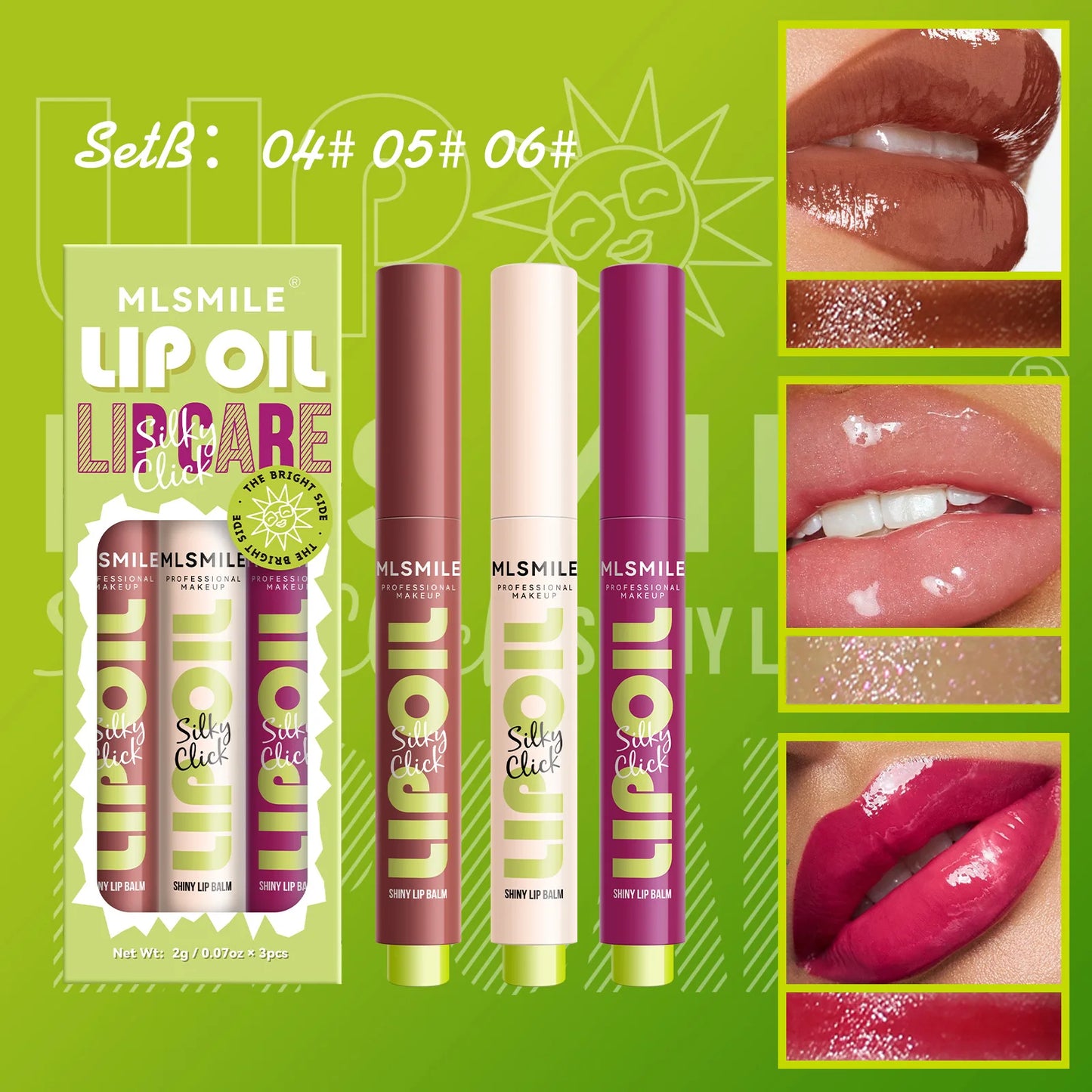 Set de labiales MLSMILE 3 en 1: brillo intenso, hidratante y duradero.
