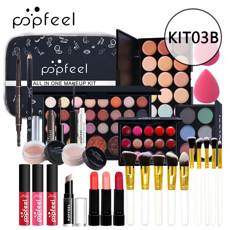 مجموعة هدايا مكياج POPFEEL من LuxuryGlow - مجموعة كاملة للوجه مع ظلال العيون، ملمع الشفاه، كريم الأساس، والفرش