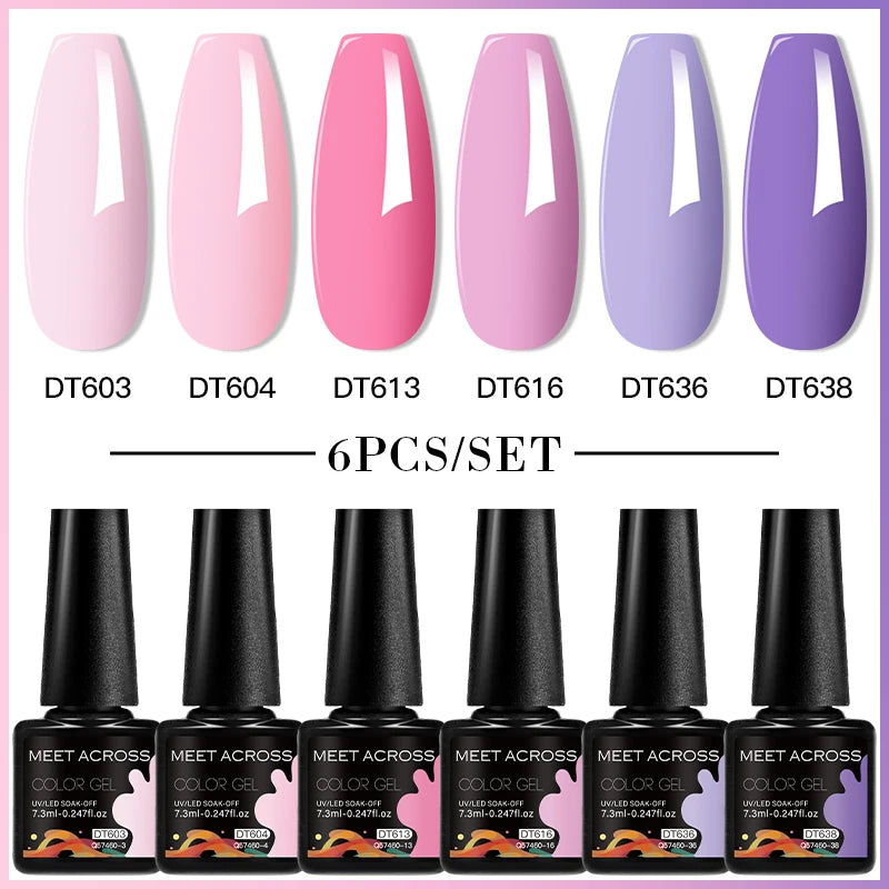 MEET ACROSS 6PC UV LED Gel Nail Polish Set – Soak Off Semi-Permanent Manicure Kit (7ml Each) C103