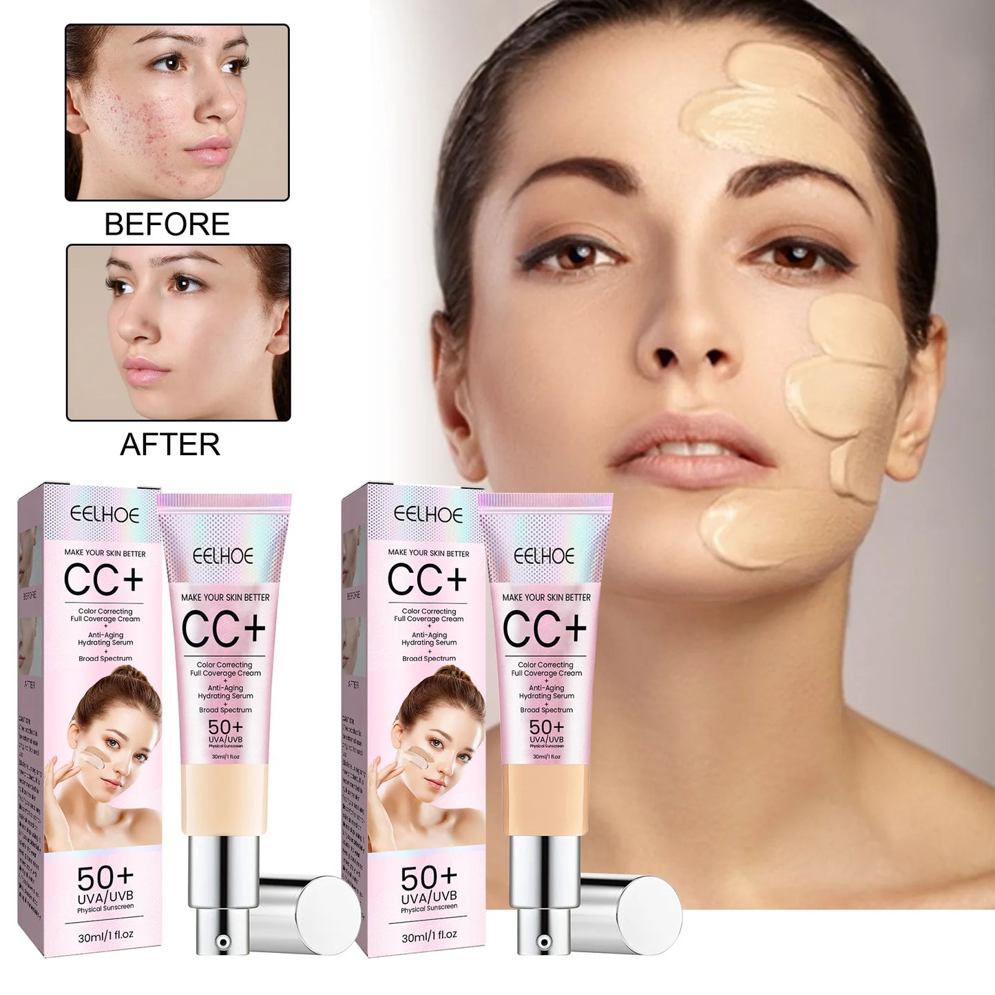 Base de maquillaje CC Cream EELHOE – FPS 50, cobertura total y control de grasa