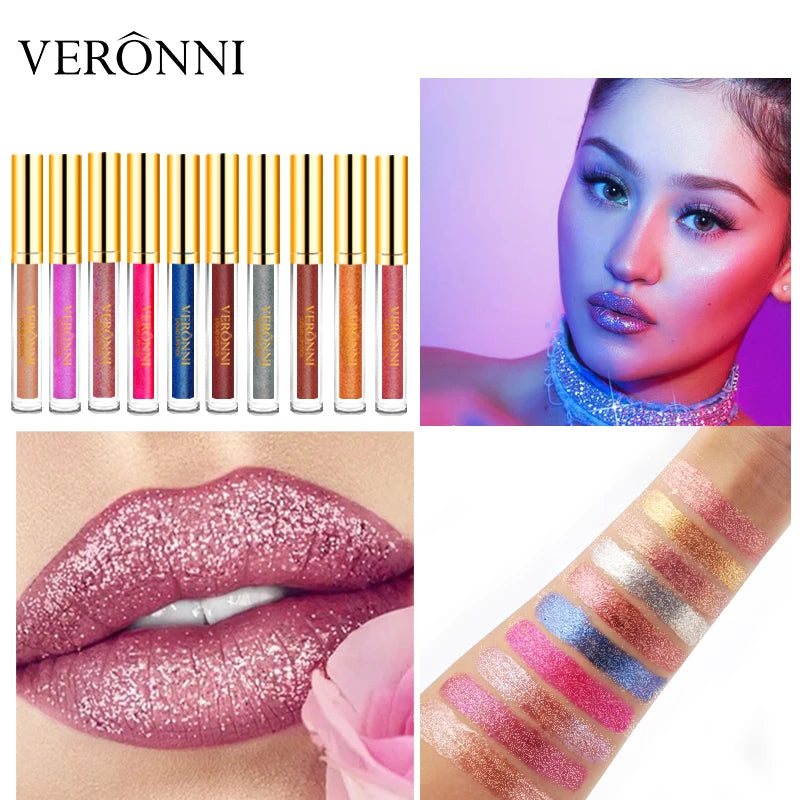 Set de labiales líquidos con purpurina LuxuryGlow de 15 colores: brillo labial duradero, resistente al agua y brillante.