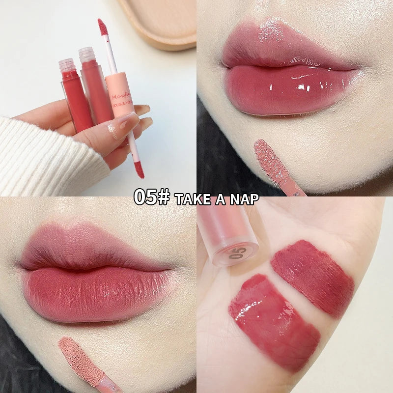 MAXFINE Brillo de labios de doble punta, resistente al agua, hidratante, duradero, mate, terciopelo, espejo, brillo de labios, cosméticos