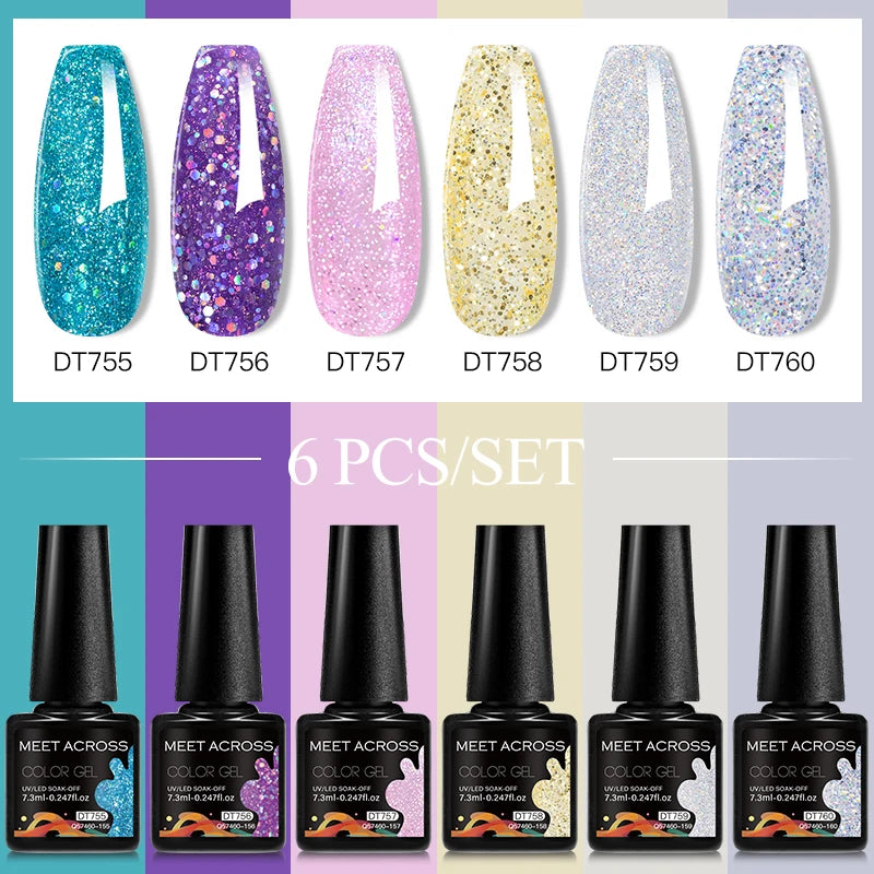 MEET ACROSS 6PC UV LED Gel Nail Polish Set – Soak Off Semi-Permanent Manicure Kit (7ml Each) C103
