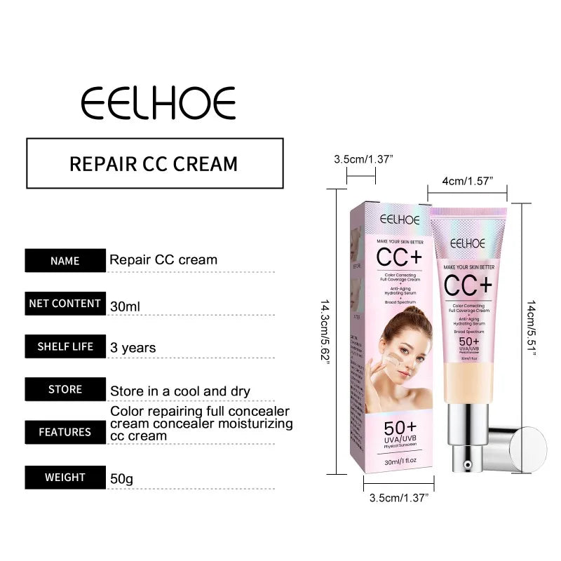 Base de maquillaje CC Cream EELHOE – FPS 50, cobertura total y control de grasa