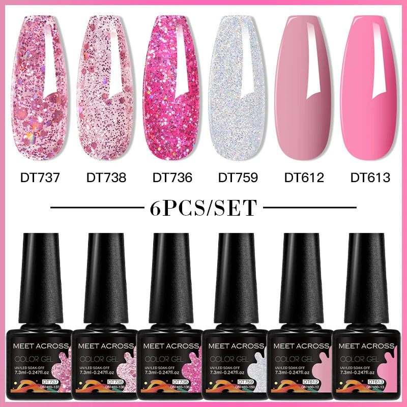MEET ACROSS 6PC UV LED Gel Nail Polish Set – Soak Off Semi-Permanent Manicure Kit (7ml Each) C103