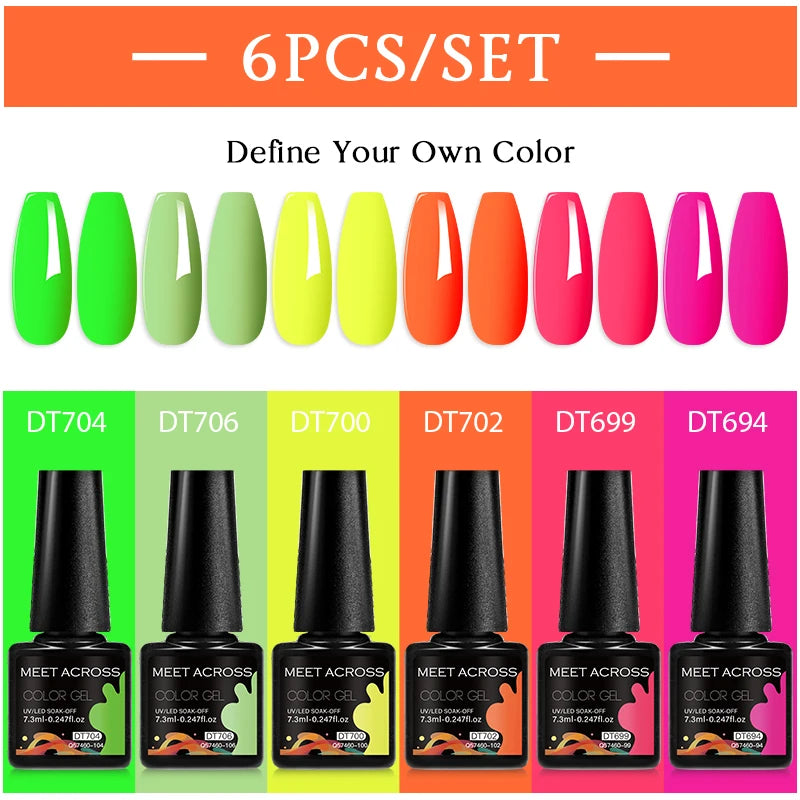 MEET ACROSS 6PC UV LED Gel Nail Polish Set – Soak Off Semi-Permanent Manicure Kit (7ml Each) C75