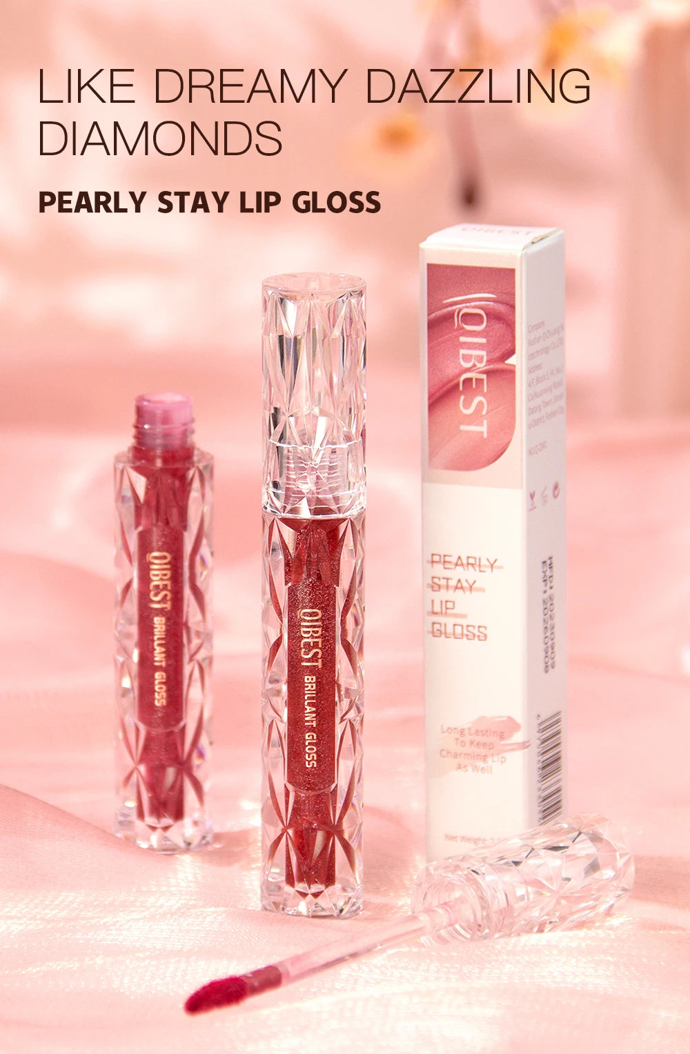 Brillo de labios con brillo de diamante QIBEST: resistente al agua, duradero y brillante.