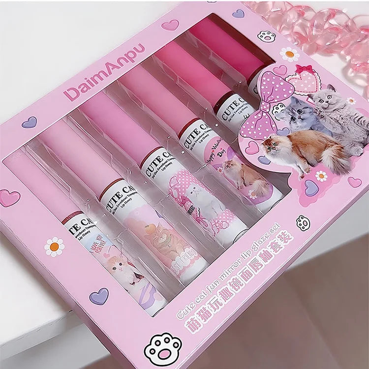 DAIMANPU - Set de brillos labiales con espejo de gato: 6 labiales brillantes, hidratantes y duraderos