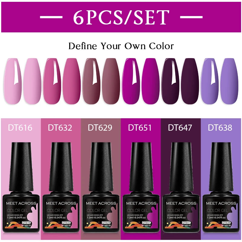 MEET ACROSS 6PC UV LED Gel Nail Polish Set – Soak Off Semi-Permanent Manicure Kit (7ml Each) C50