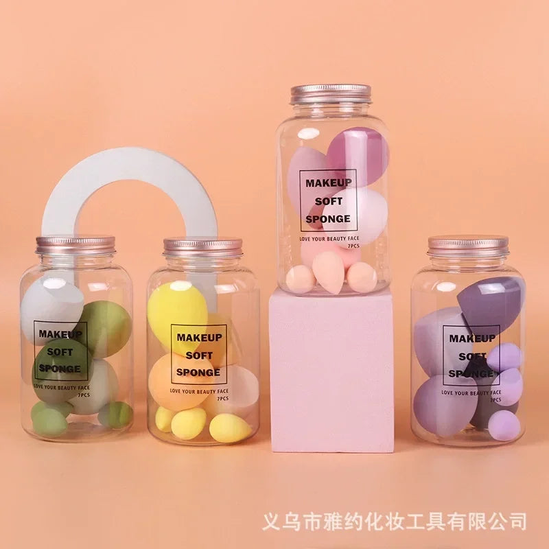Juego de 7 esponjas de maquillaje con degradado LuxuryGlow con caja de cartón para guardar huevos: suaves y reutilizables.
