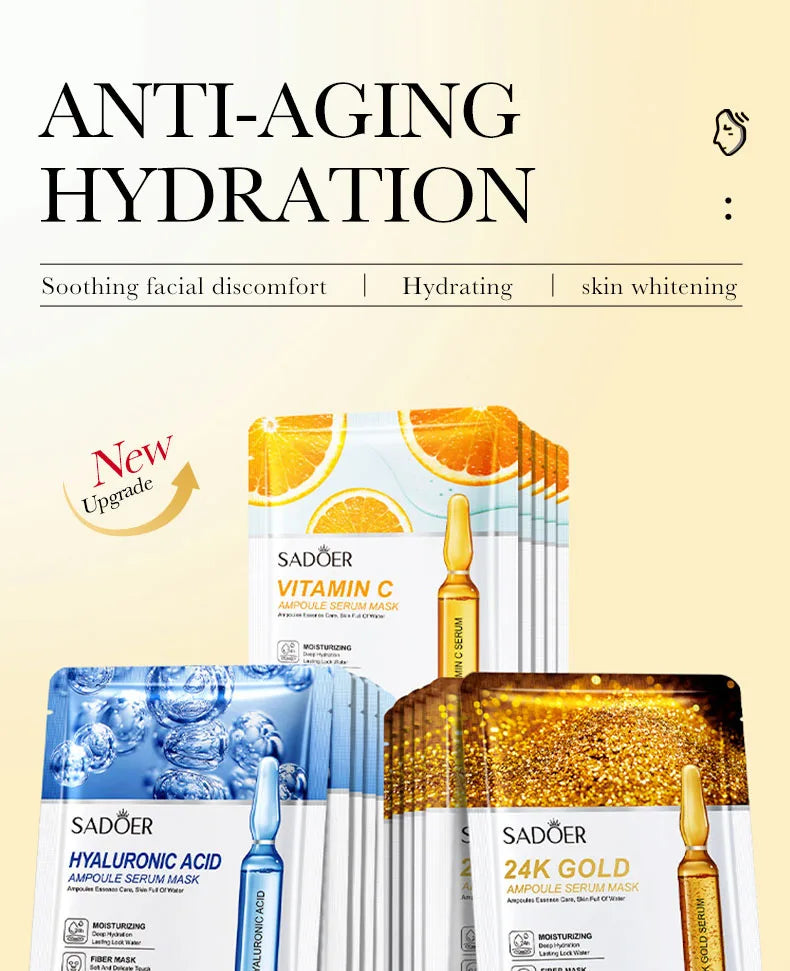 SADOER 15PCS 24K Gold Hyaluronic Acid Face Masks – Firming & Hydrating Skincare Set