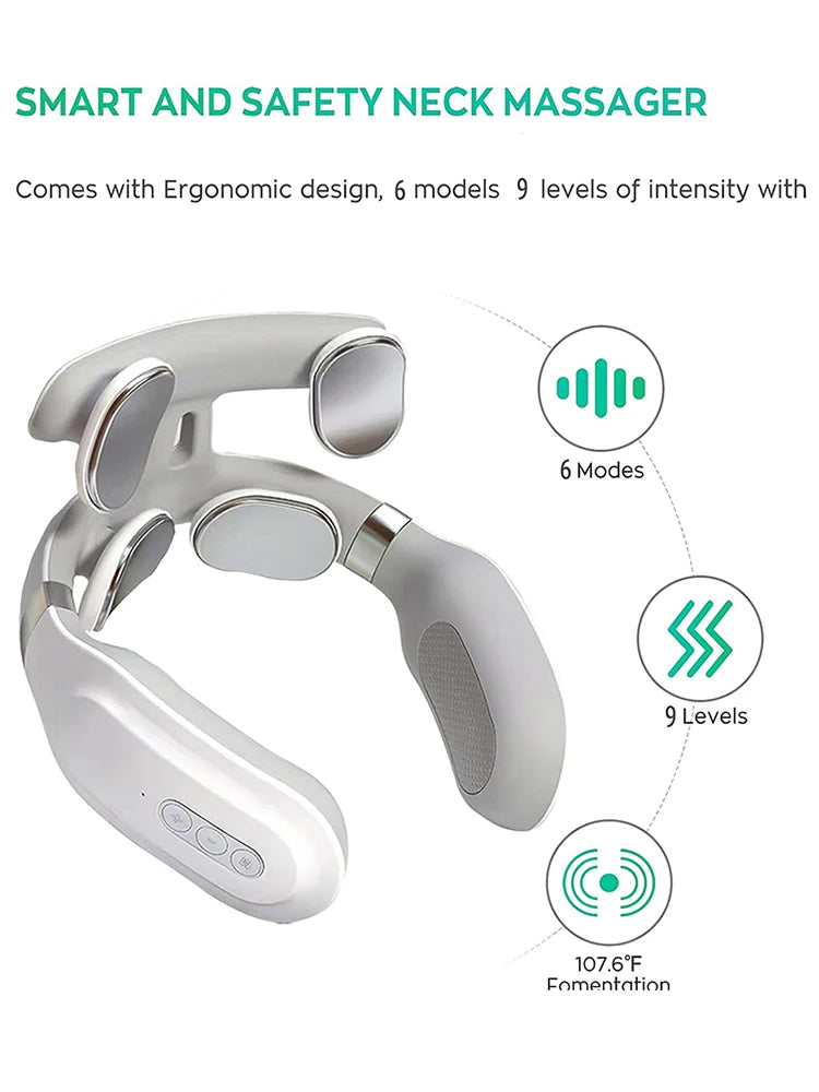 Máquina de masaje cervical LuxuryGlow con 4 unidades de calefacción, protección para cabeza y cuello, respiración, vibración ligera y compresas calientes para la columna cervical.