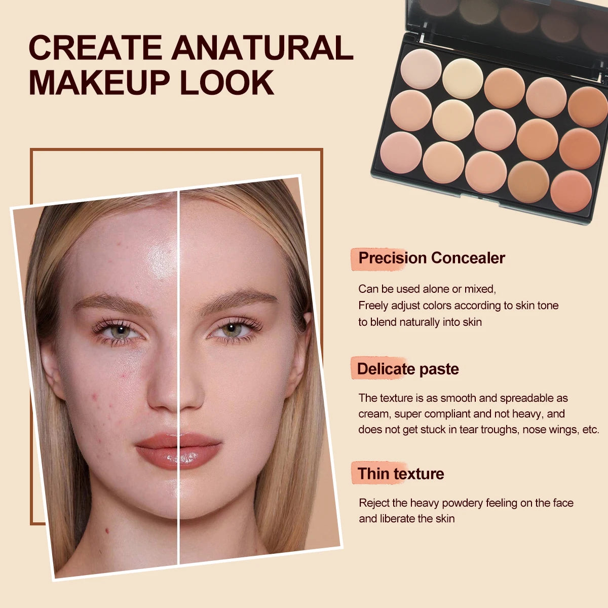 VERONNI 15-Color Cream Concealer Contour Palette – Full Coverage & Waterproof