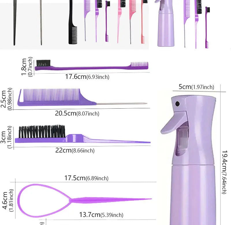 LuxuryGlow 6PCS Hair Styling Tool Set – Tail Combs, Hair Brushes & Spray Bottle for Hairdressers