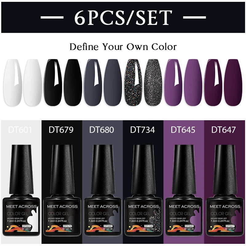 MEET ACROSS 6PC UV LED Gel Nail Polish Set – Soak Off Semi-Permanent Manicure Kit (7ml Each) C75
