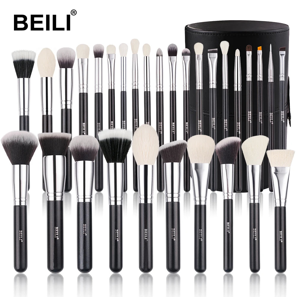 BEILI 30pcs Black Makeup Brush Set – Goat Hair & Synthetic Professional Kit C150
