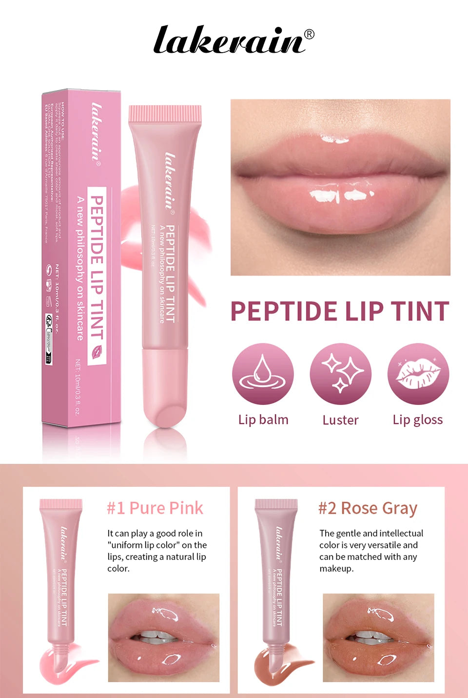Brillo labial Lakerain Mirror Lip Glaze: 10 ml. Aceite labial hidratante, duradero y no pegajoso para labios nutridos y voluminosos.