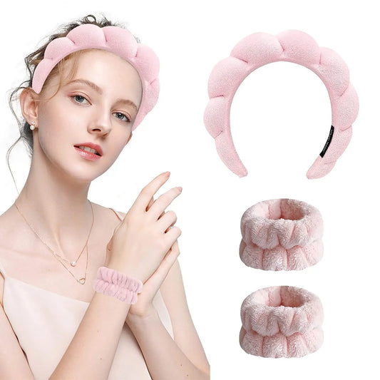 Conjunto de 3 diademas y pulseras de microfibra LuxuryGlow: lavado facial, spa y cuidado de la piel