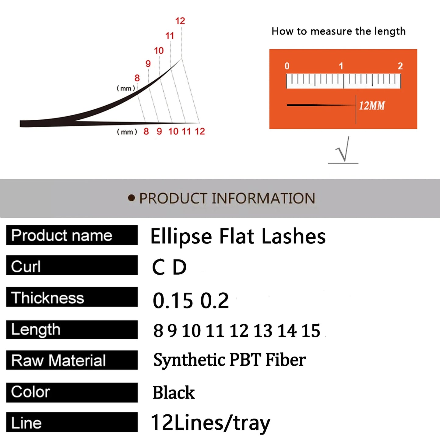 TDANCE Ellipse Flat Eyelash Extensions | 12-Line Tray | 8–15mm Matte Split Tips for Professionals