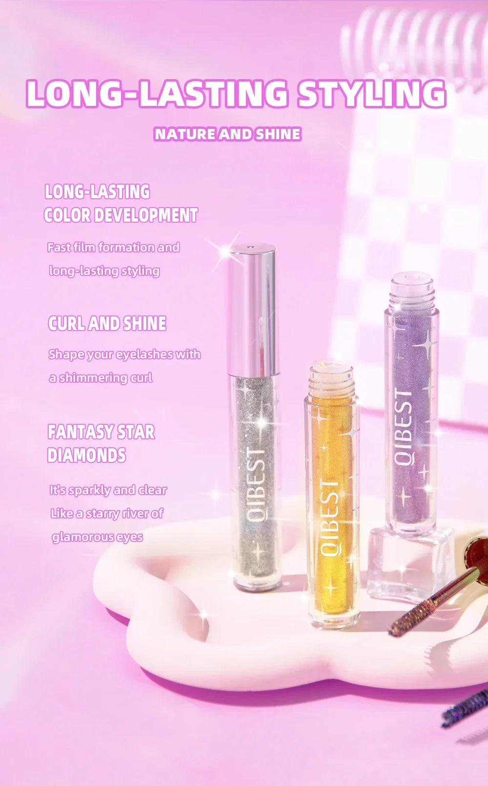 LuxuryGlow Diamond Purple Glitter Mascara – Curling, Volumizing & Sweatproof Shine