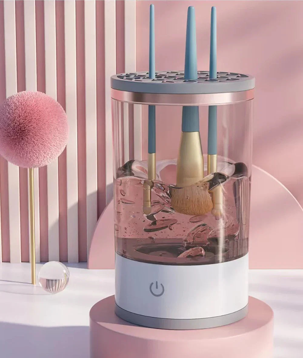 منظف فرش المكياج الكهربائي LuxuryGlow - أداة غسل وتجفيف الفرش الأوتوماتيكية القابلة لإعادة الشحن مع حامل