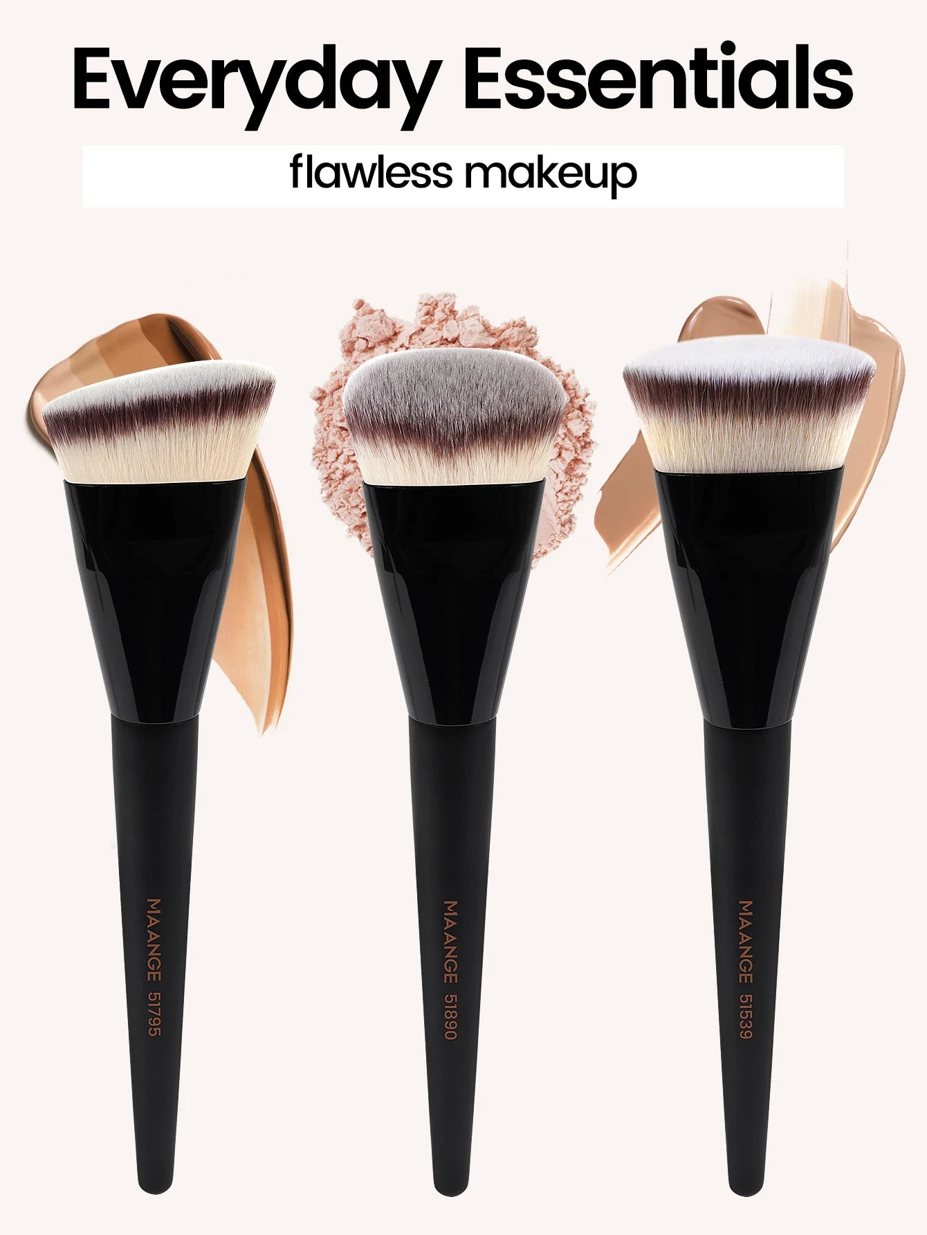 MAANGE 3pcs Foundation Makeup Brush Set – Flat, Angled & Round with Case