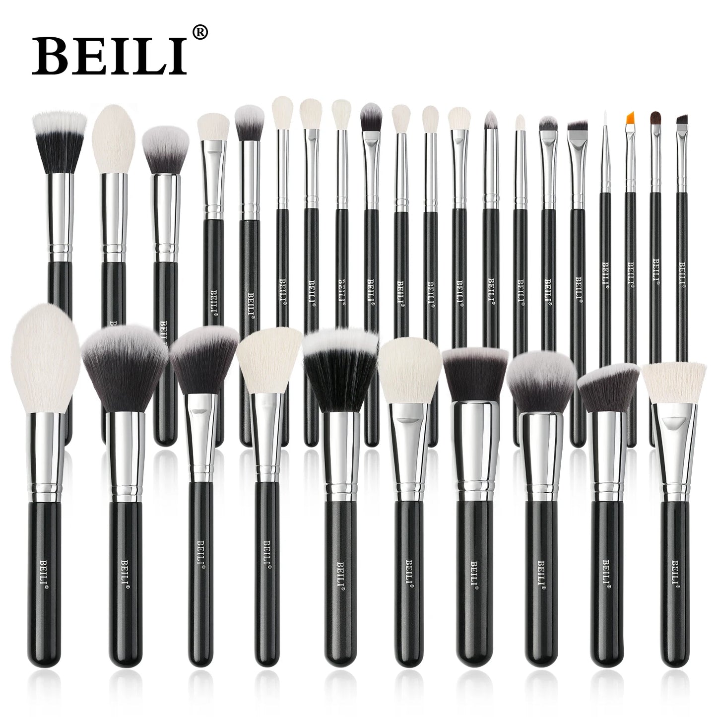 BEILI 30pcs Black Makeup Brush Set – Goat Hair & Synthetic Professional Kit C150