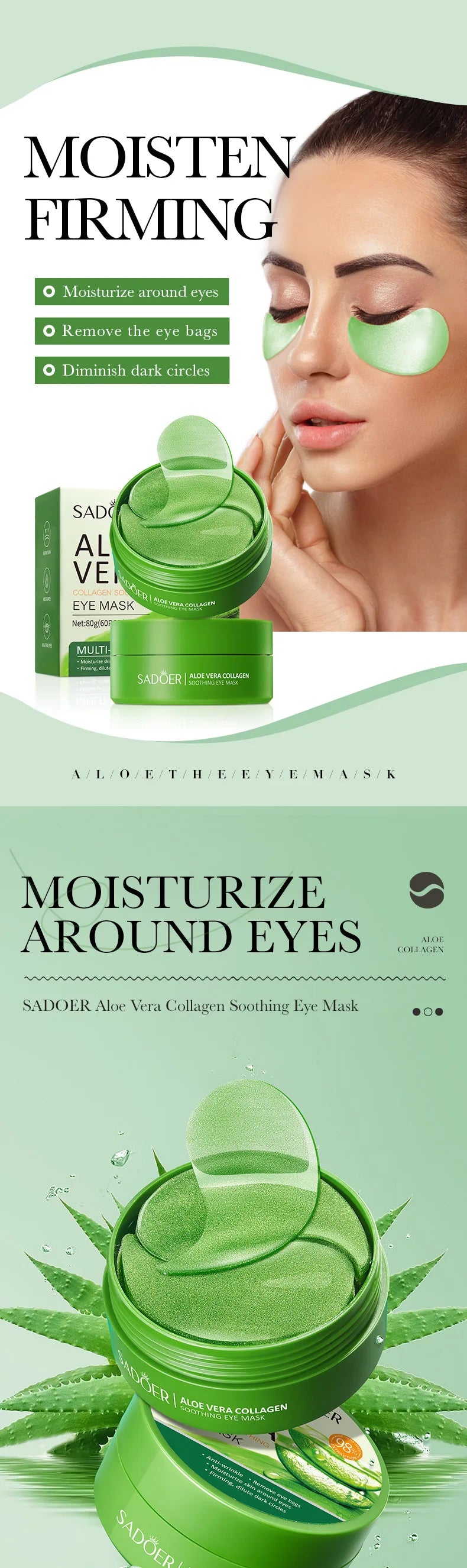 SADOER Collagen & Aloe Vera Eye Mask – 60 Pcs for Dark Circles, Puffy Eyes & Skin Firming