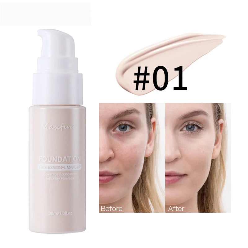 Base de maquillaje líquida MAXFINE: resistente al agua, al sudor y de cobertura total (30 ml)