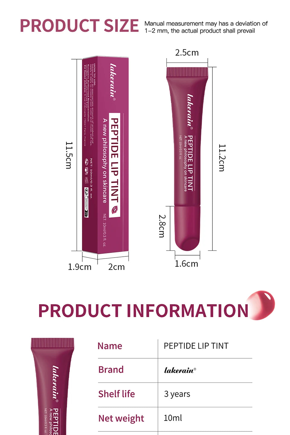 Brillo labial Lakerain Mirror Lip Glaze: 10 ml. Aceite labial hidratante, duradero y no pegajoso para labios nutridos y voluminosos.