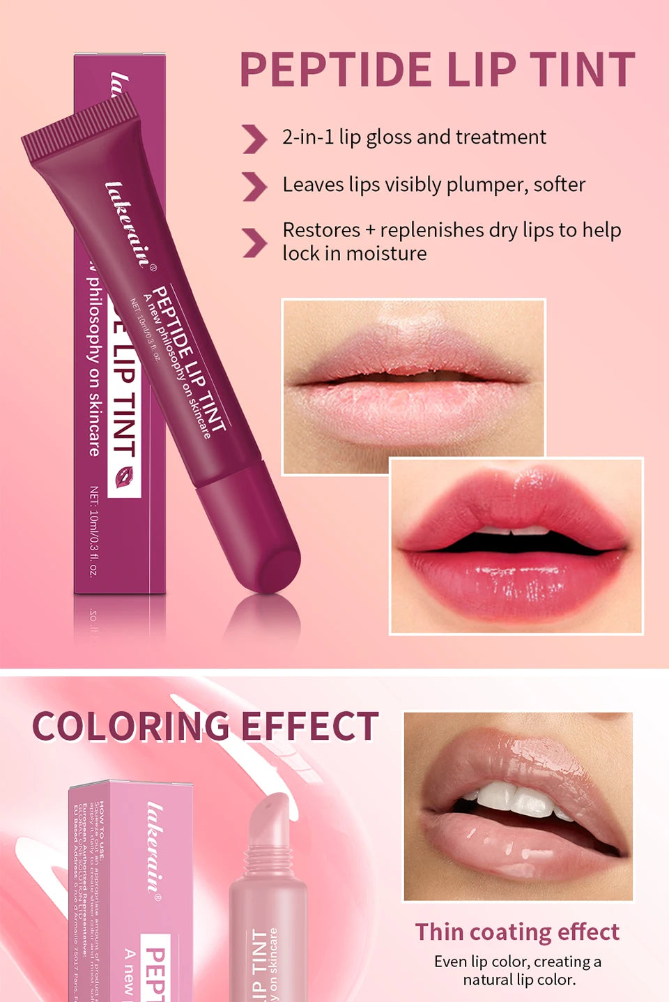 Brillo labial Lakerain Mirror Lip Glaze: 10 ml. Aceite labial hidratante, duradero y no pegajoso para labios nutridos y voluminosos.