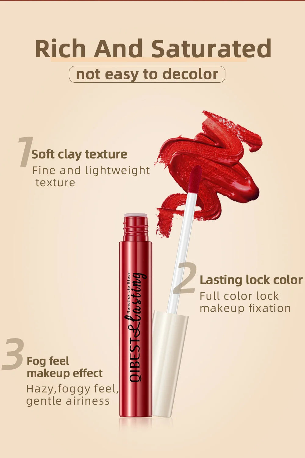 Labial líquido mate QiBest: duradero, resistente a las manchas y con acabado aterciopelado.