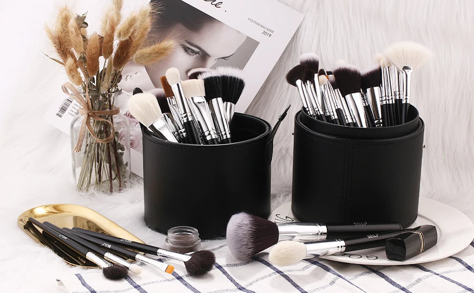 BEILI 30pcs Black Makeup Brush Set – Goat Hair & Synthetic Professional Kit C60
