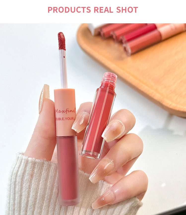 MAXFINE Brillo de labios de doble punta, resistente al agua, hidratante, duradero, mate, terciopelo, espejo, brillo de labios, cosméticos