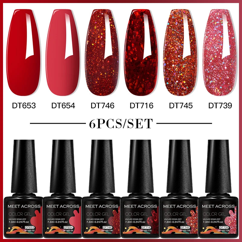 MEET ACROSS 6PC UV LED Gel Nail Polish Set – Soak Off Semi-Permanent Manicure Kit (7ml Each) C75