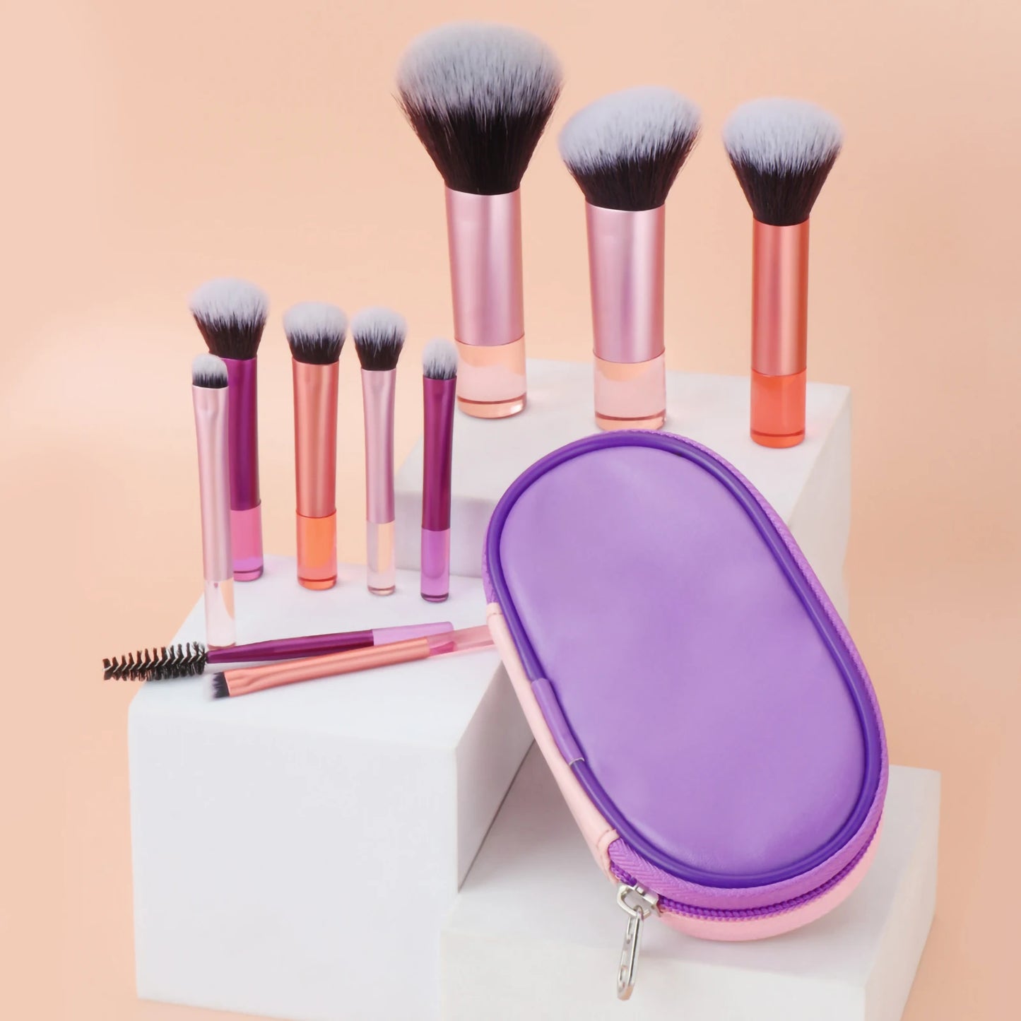 مجموعة فرش مكياج صغيرة من LuxuryGlow، 10 ألوان، مجموعة سفر محمولة مع إسفنجة وأدوات