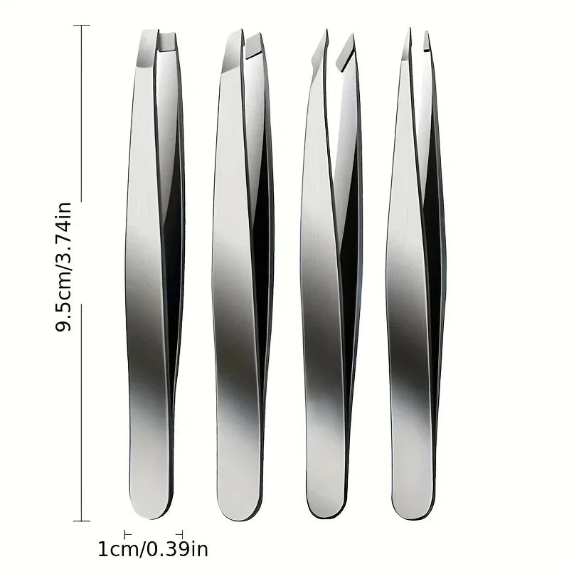 Juego de 4 pinzas profesionales de acero inoxidable LuxuryGlow: elimina fácilmente el vello facial, las cejas y las astillas.