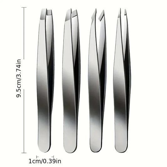 LuxuryGlow 4PCS Professional Stainless Steel Tweezers Set – Effortless Eyebrow, Facial Hair & Splinter Removal
